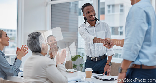 Image of Handshake, meeting and business people in office for teamwork, collaboration and partnership. Corporate office, professional and happy workers shaking hands for agreement, b2b deal and thank you