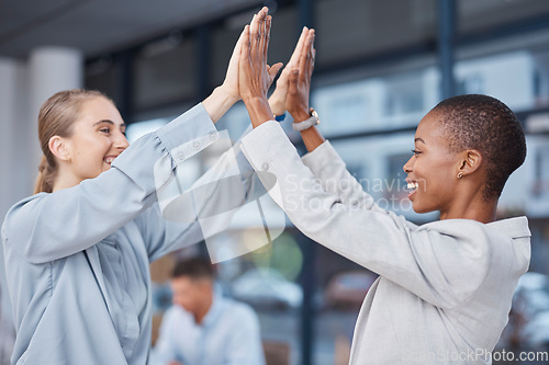 Image of High five, partnership and company women celebrate business deal, success or corporate achievement. Diversity, administration workforce and excited team building support, cooperation or mission goals