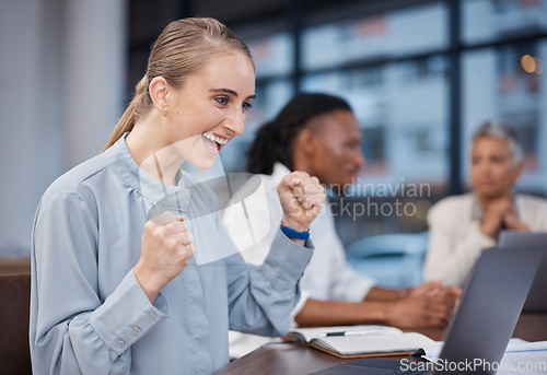 Image of Business woman, winning and celebration of success in sales, deal and achievement of target or goals for startup. Happy, employee and excited for promotion, proposal or bonus from profit in trading