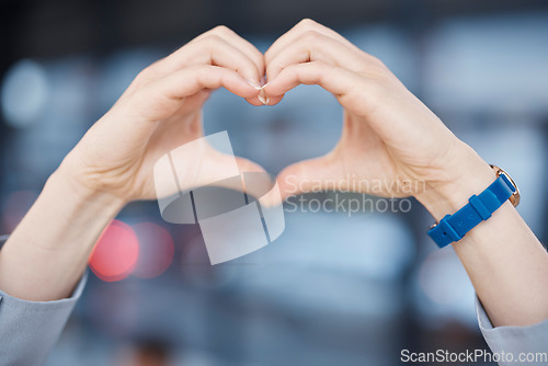 Image of Closeup, person and hearts hands with support, care and kindness with emoji, hope and romance. Zoom, employee and symbol for love with a sign, romantic gesture and emotion with icon, review or loving