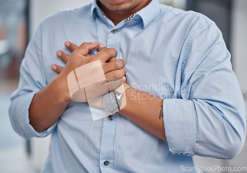 Image of Heart attack, pain and man holding chest in a office with medical, healthcare and emergency. Stress, business and male professional with anxiety and cardiovascular injury from corporate burnout