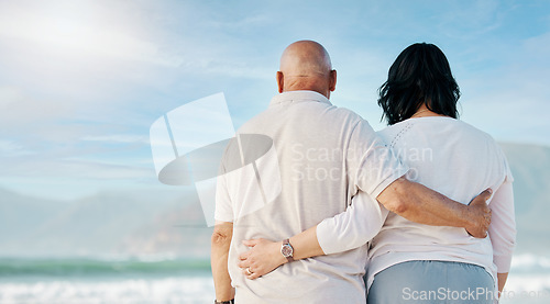 Image of Space, love and back of old couple at beach for travel, support and summer vacation. Relax, bonding and retirement with senior man and woman hug for trust, health and marriage on banner mockup