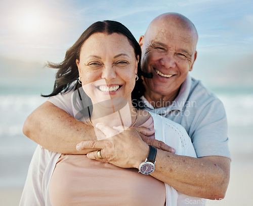 Image of Beach, portrait and senior couple hug with happy, care and freedom in nature together. Face, love and elderly man embrace woman with smile for retirement, vacation or travel fun ocean holiday in Peru