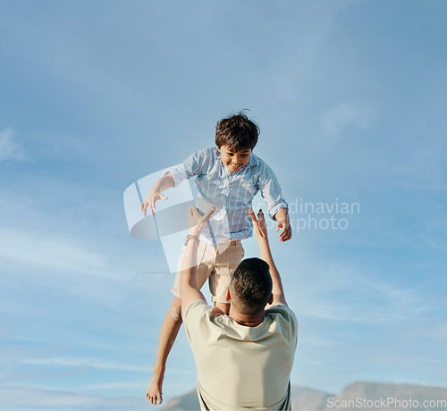 Image of Dad, son and blue sky, playing together in summer and tropical island holiday on beach in Hawaii. Fun, father and and son on ocean vacation with airplane games to relax, trust and support in nature.