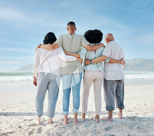 Image of Back, hug and family at the beach for vacation, ocean view and love in summer. Calm, nature and senior people with a man and woman for care and support in travel at the sea for a holiday together