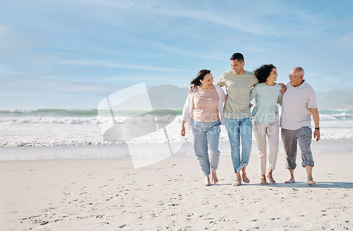 Image of Love, mockup and a family walking on the beach together for summer vacation or holiday in nature. Sky, freedom and travel with senior people, son or daughter outdoor for summer bonding by the ocean