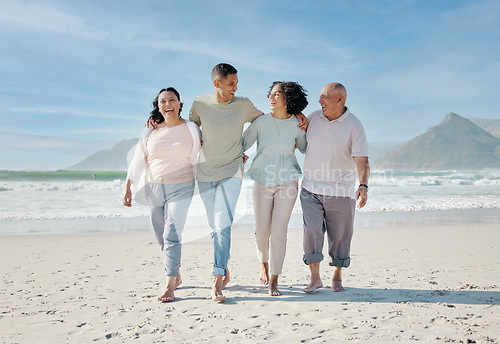 Image of Love, smile and a family walking on the beach together for summer vacation or holiday in nature. Happy, freedom and travel with senior people, son or daughter outdoor for summer bonding by the ocean