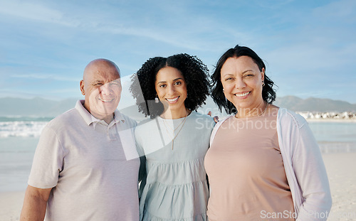 Image of Portrait of senior parents with woman on beach, smile and embrace on tropical summer holiday in Australia. Ocean, vacation sun and happy family with blue sky, water and love, island travel together.