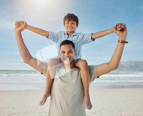 Image of Portrait of father, child on shoulders and beach, smile together in summer waves on tropical island holiday in Hawaii. Fun, dad and boy on ocean vacation with love, support and relax with blue sky.