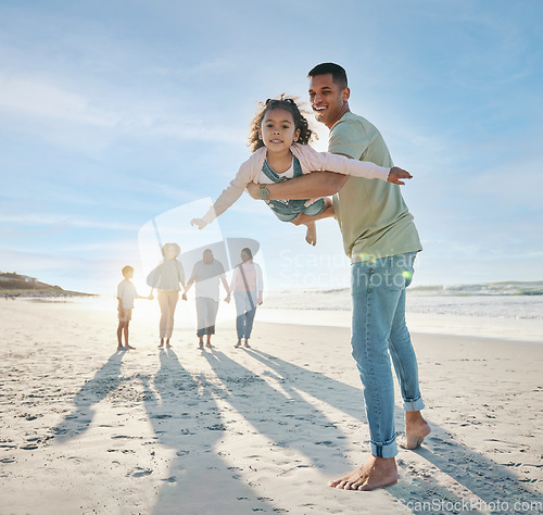 Image of Dad, girl and family at beach, airplane game and portrait with smile, bonding and love in summer sunshine on vacation. People, father and flying daughter, happy and swinging in air, ocean and holiday