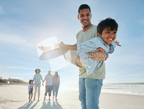 Image of Beach, airplane and father with child and family in nature for freedom, fun and bond together at sea. Love, flying and excited kid with dad at the ocean for playing with grandparents on travel trip