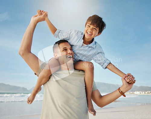 Image of Father, child on beach with piggy back, smile and playing together in summer waves on tropical island holiday. Fun, dad and boy on ocean vacation with love, support and relax with blue sky in Hawaii.