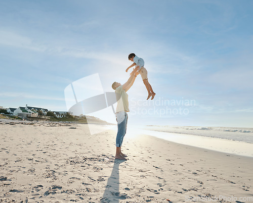 Image of Father throwing child in air on beach, sunshine and playing together in summer on tropical island holiday. Fun, dad and boy on happy ocean vacation with love, support and relax in blue sky in Hawaii.