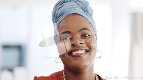 Image of Happy, smile and face of business woman in office standing with confidence and leadership. Happiness, excited and portrait of professional African female employee with positive mindset in workplace.