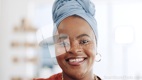 Image of Happy, smile and face of business woman in office standing with confidence and leadership. Happiness, excited and portrait of professional African female employee with positive mindset in workplace.