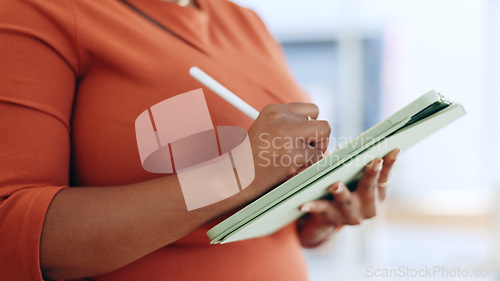 Image of Woman, hands and tablet writing schedule, planning or digital notes for marketing, research or advertising at office. Hand of female working on touchscreen, mobile app or strategy at the workplace