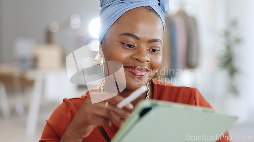 Image of Black woman, tablet and smile for schedule, planning or digital notes for marketing, research or advertising at office. Happy African American female working on touchscreen or mobile app for strategy