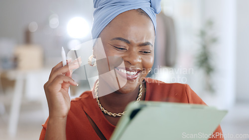 Image of Black woman, tablet and writing schedule, planning or digital notes for marketing, research or advertising at office. Happy African American female working on touchscreen, mobile app or idea strategy