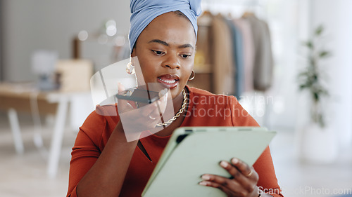 Image of Phone call, office and business woman in discussion while doing research for a corporate project. Cellphone, professional and African female employee on a mobile conversation in the modern workplace.