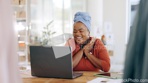 Image of Black woman, laptop and celebration for business sale, promotion or good news at the office. Happy African American female celebrating bonus, winning or victory on computer at the workplace