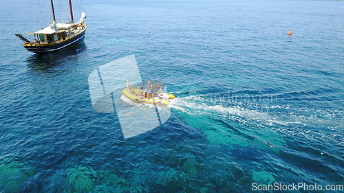 Image of Group of people on boat, sailing adventure in Greece and summer sun on ocean holiday, relax in freedom and nature. Yacht vacation, family travel and tropical sea cruise to Greek island on blue water.