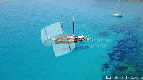 Image of Yacht, sailing in Croatia and summer on ocean holiday, relax in freedom and nature on blue water. Boat vacation, travel in sun and tropical cruise on sea adventure to island coast in beach transport.