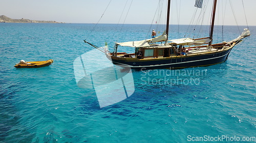 Image of Boat, sailing in Croatia and sun on ocean holiday, relax in freedom and nature with clean blue water. Luxury yacht vacation, travel in summer and tropical cruise on sea adventure in island beach fun.