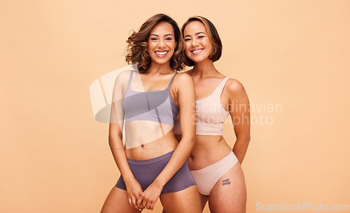 Image of Beauty, body and smile with portrait of women in studio for health, diversity and cosmetics. Spa, self love and skincare with people on beige background for support, pride and solidarity on mockup