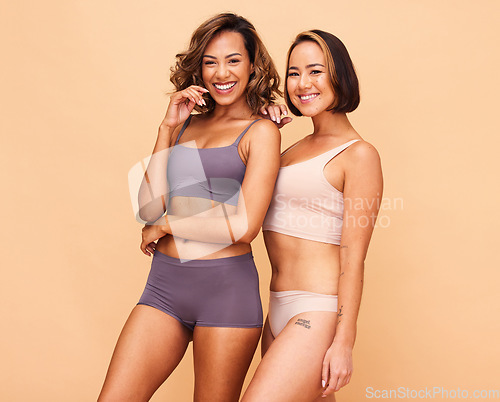 Image of Beauty, self love and friends with portrait of women in studio for health, body and cosmetics. Spa, diversity and skincare with people on beige background for support, pride and solidarity on mockup