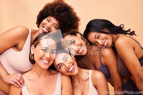 Image of Beauty, diversity and portrait of women happy with makeup for cosmetic skincare isolated in studio brown background. Skin, aesthetic and young friends together for self care, dermatology and support