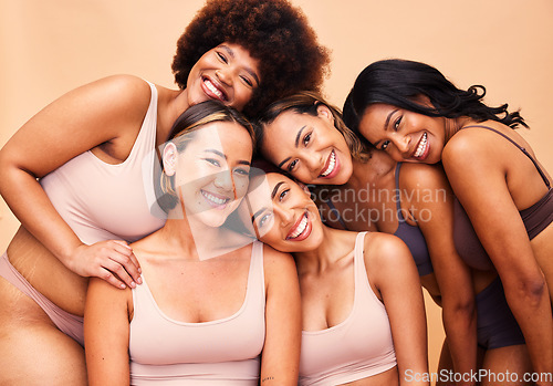 Image of Portrait, diversity and women with beauty, wellness and body positivity on a beige studio background. Models, friends or group with self love, inclusion and support with skincare, aesthetic and smile