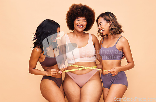 Image of Girl group, underwear and studio portrait with smile, transformation or diversity for beauty by background. Women friends, plus size and lingerie for inclusion, collaboration or stomach with pride