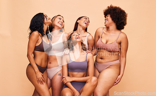 Image of Portrait, diversity and women with beauty, funny or self love on a beige studio background. Model, friends or group with inclusion, solidarity or wellness with health, aesthetic or support with care