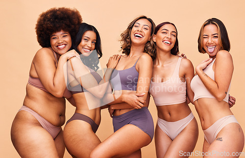 Image of Body positive, self love and portrait of women in studio in underwear for wellness, beauty and diversity. Lingerie campaign, natural and people on brown background for pride, skincare and inclusion