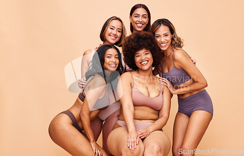 Image of Portrait, diversity and women with beauty, cosmetics and body positivity on a beige studio background. Models, smile or group with self love, inclusion and wellness with health, aesthetic and friends