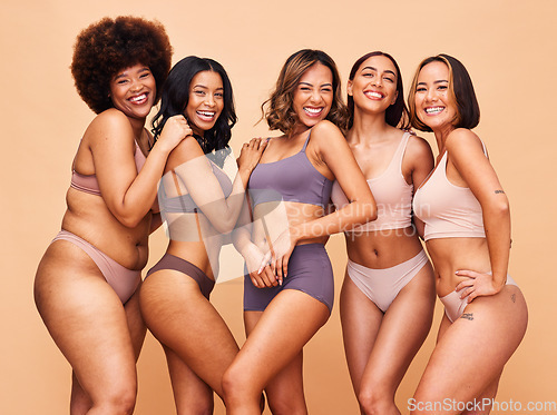 Image of Self love, diversity and portrait of women in studio in underwear for wellness, beauty and body positive. Lingerie campaign, natural and people on brown background for pride, skincare and inclusion