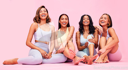 Image of Portrait, friends and women with fitness, funny and pilates training on a pink studio background. Health, girls or friends with workout, laughing or athlete with wellness, relax, exercise and freedom