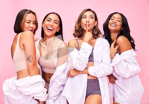 Image of Beauty, underwear and portrait of happy women on pink background for wellness, skincare and cosmetics. Friends, diversity and people in studio for natural glamour, body positivity and self love