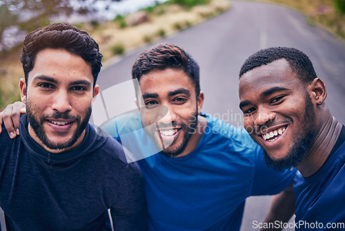 Image of Fitness, selfie and men friends in a road happy for training, exercise and bond in nature. Sports, portrait and group of athlete people smile for social media, blog or health podcast profile picture