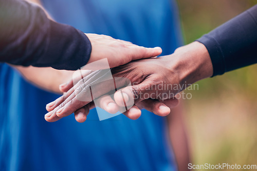 Image of Fitness, hands and men in a park for training, goal and exercise motivation closeup. Friends, zoom and fingers of sports, people and workout deal in nature with team support, mission or celebration