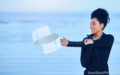 Image of Woman, stretching and fitness on beach mockup and thinking of running, cardio health and training in nature. Athlete, runner or african person for warm up exercise, workout ideas and sports by ocean