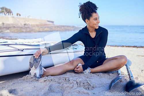 Image of Happy, paddle board and a woman stretching on a beach for training, fitness and thinking of surfing. Smile, nature and a young person with a warm up in the morning for paddling exercise at the ocean