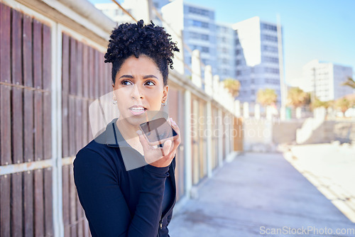 Image of Phone, voice recognition and young woman recording an audio text message for outdoor exercise. Technology, communication and female person on a mobile conversation on speaker after outside workout.