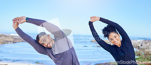 Image of Beach workout, stretching and portrait of happy people, couple of friends and smile for exercise performance. Blue sky, ocean sea and nature team training, arm muscle flexibility and start warm up