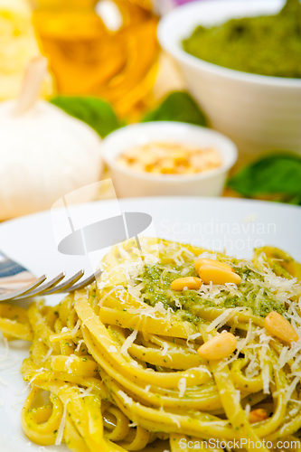 Image of Italian traditional basil pesto pasta ingredients