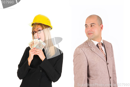 Image of businesswoman with earnings and businessman 