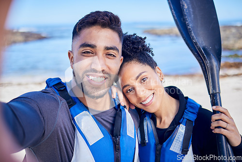 Image of Selfie, kayak and couple with a love, beach and summer vacation with memory, paddle and picture. Portrait, people and man with woman, water sports and social media with ocean, honeymoon and holiday