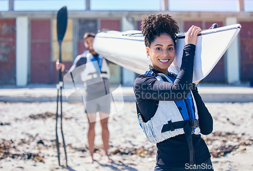 Image of Water sports, portrait of man and woman with kayak, walking on sand at lake, beach or river for exercise. Ocean holiday, adventure and fitness, happy couple walking with canoe for training workout.