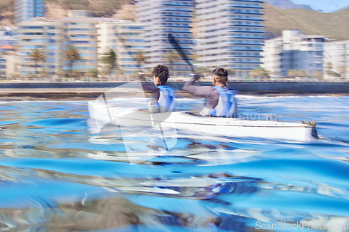 Image of Water, man and woman in kayak in speed for sports race on lake, beach or river for exercise together on vacation. Ocean holiday, adventure and fitness, couple in canoe for training workout challenge.