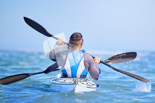 Image of Water, man and woman in kayak from back and sports on lake, beach or river for exercise team. Ocean holiday, adventure and fitness, couple in canoe for training workout with teamwork in travel on sea